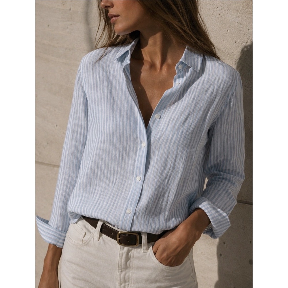 Uniqlo Premium Linen Striped Button Down Shirt Size L Coastal Travel Vacation